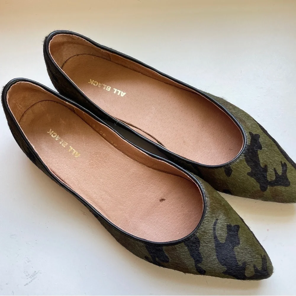 Anthropologie All Black Jungle Ballet Flats Camo Pointy-tow Calfhair slip-ons 8